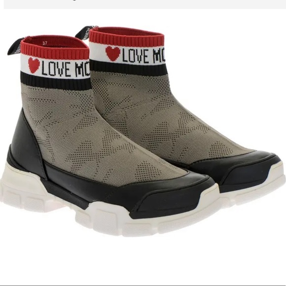 LOVE MOSCHINO Jacquard knit-paneled faux leather high-top sneakers US9 IT39 - Picture 2 of 10